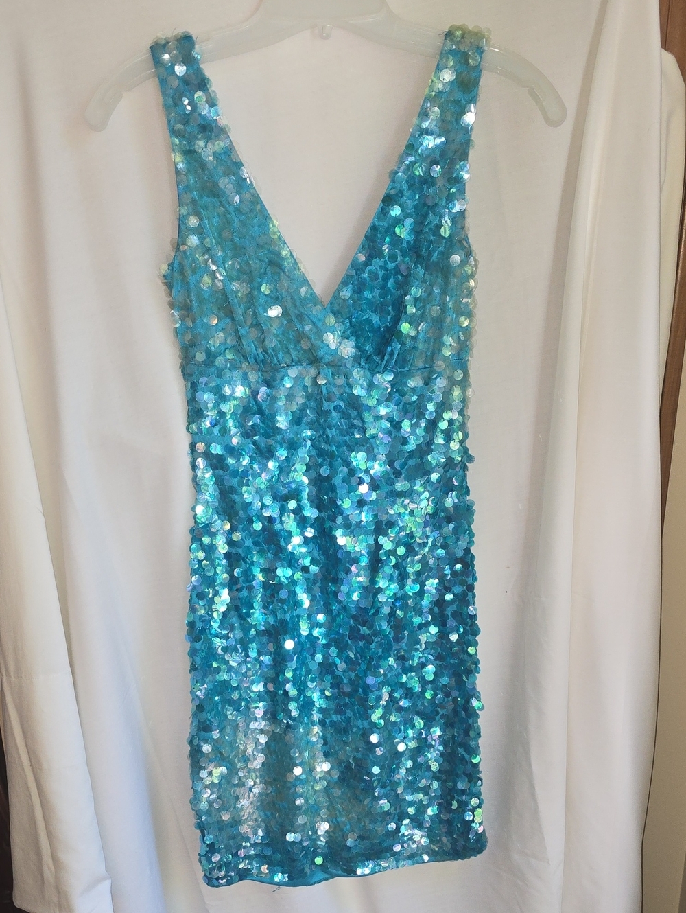 Papell Boutique Evening Turquoise Sequin V-Neck Mini Dress Vintage